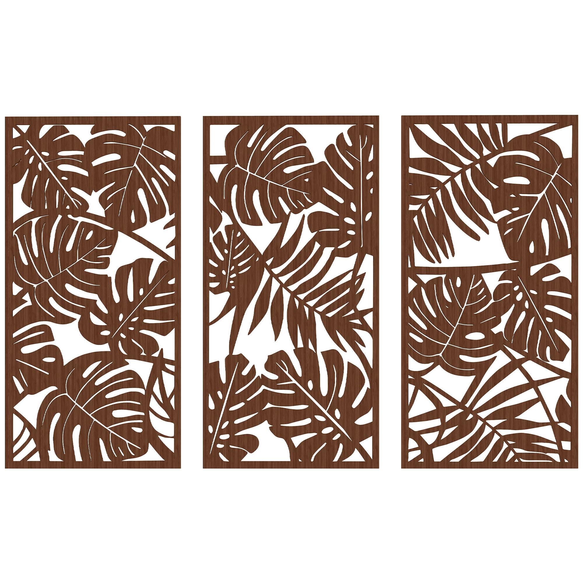 Decoração de Parede em Madeira 3D 3 Peças 40x80 cm Adornos de Parede com Padrão de Folhas Tropicais Nogueira