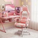 Cadeira Gaming com Orelhas Cadeira Gamer Reclinável com Altura Ajustável e Suporte Lombar 65x62x116 - 124 cm Rosa e Branco
