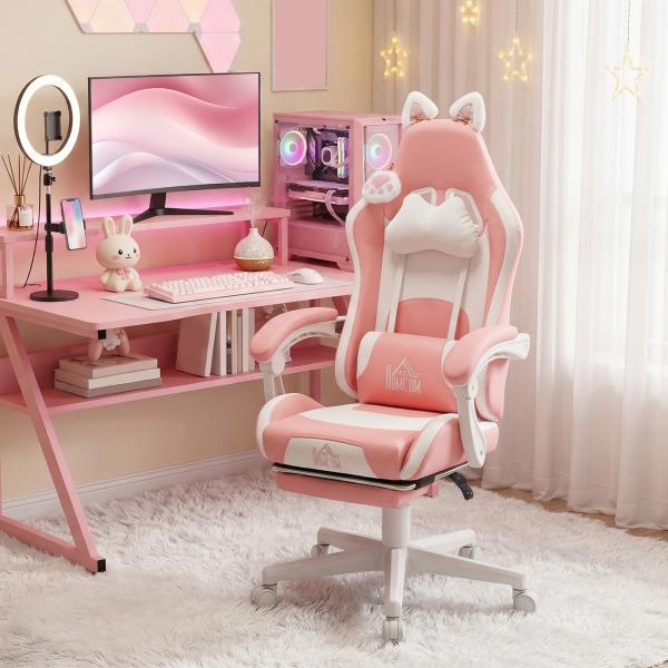 Cadeira Gaming com Orelhas Cadeira Gamer Reclinável com Altura Ajustável e Suporte Lombar 65x62x116 - 124 cm Rosa e Branco