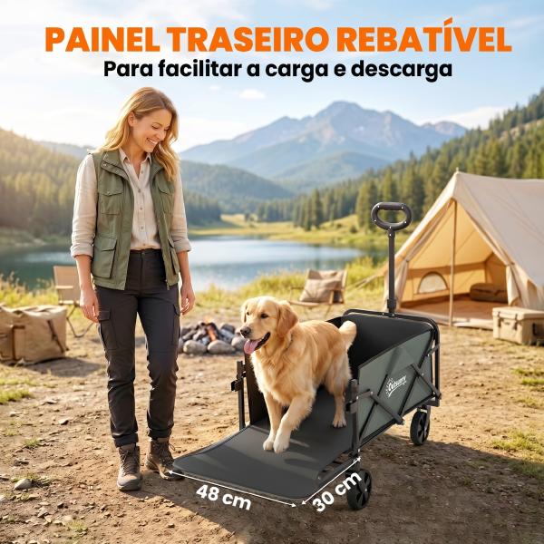 Carrinho de Transporte com Rodas Carrinho de Jardim Dobrável com Puxador Telescópico Ajustável Porta Traseira Expansível 114x46x65 - 92 cm Verde