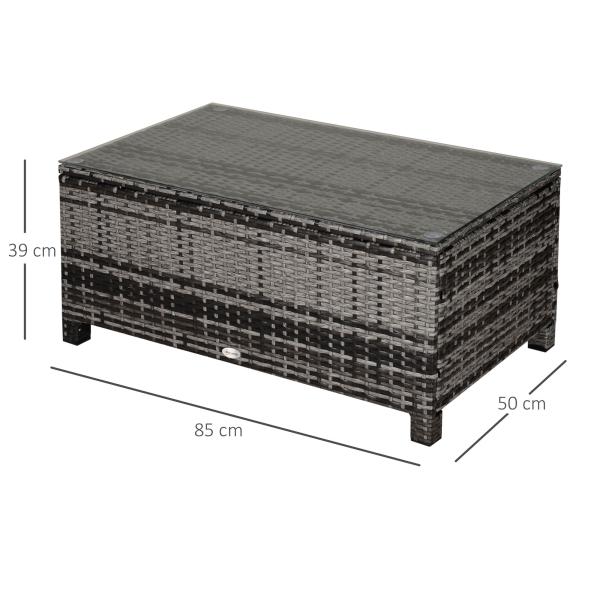 Mesa de Jardim em Vime Sintético Mesa Auxiliar com Vidro Temperado para Terraço Pátio, Varanda 85x50x39 cm Cinzento