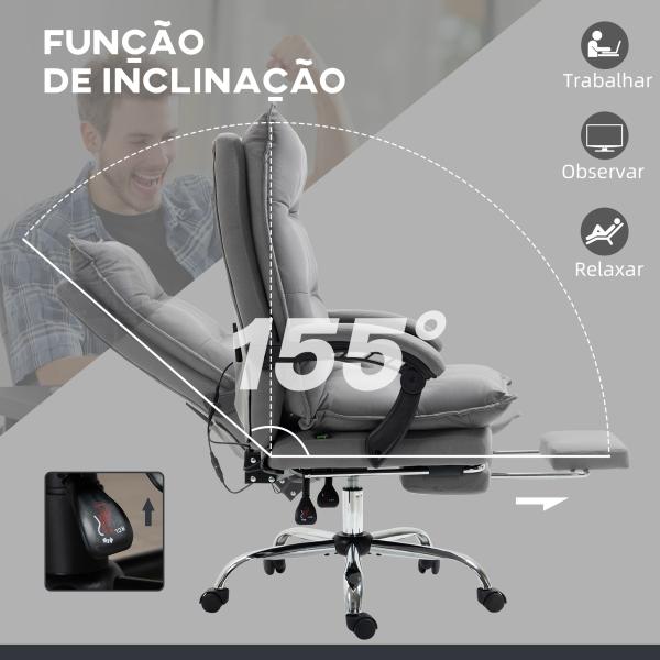 Cadeira de Escritório com 6 Pontos de Massagem e 5 Modos Reclinável com Função de Aquecimento 66x74x114 - 121,5 cm Cinza