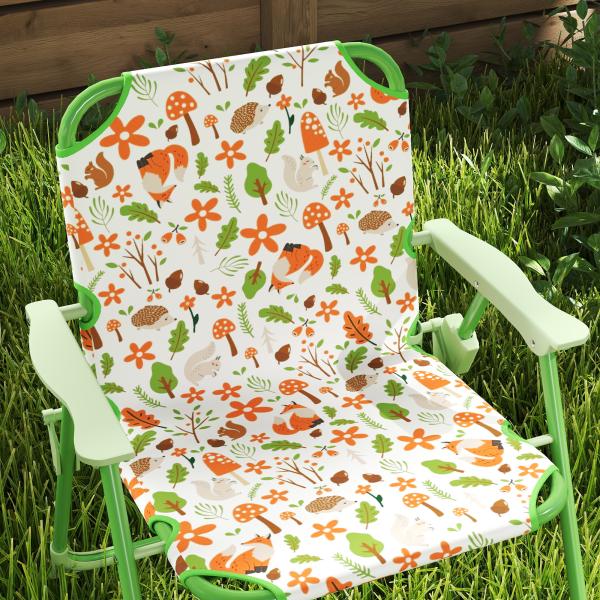 Conjunto de Mesa e Cadeiras para Crianças de Jardim com Cadeiras Dobráveis Chapéu de Sol Ajustável e Desenho de Raposas Verde
