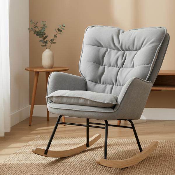 Poltrona Baloiço Estofada em Chenilla com Pés de Madeira de Faia e Apoio para os Braços para Lactância 71x98,5x97 cm Cinzento claro