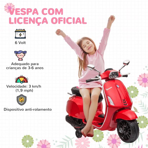 Moto Elétrica para Crianças de 3 - 6 Anos com Licença Vespa com USB MP3 Luz LED Rádio FM Velocidade 3 km/h Vermelho