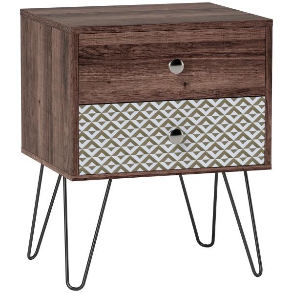 Mesa de Cabeceira com 2 Gavetas Pés de Aço Estilo Boémio Mesa de Cabeceira para Quarto Sala de Estar 45x39x55,5 cm Marrom
