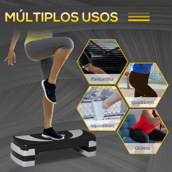 Step para Exercício Aeróbico Plataforma Step com Altura Ajustável em 3 Níveis com Carga Máxima 150kg para Exercício em Academia Casa 80x31x10 - 20cm Preto e Branco