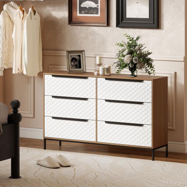 Cómoda com 6 Gavetas de Tecido Frentes com Padrão de Diamante Móvel de Arrumação 117,5x30x73,5 cm Madeira e Branco