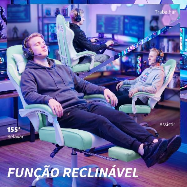Cadeira Gaming Reclinável 155° com Suporte Lombar com Massagem Apoio de Cabeça e Apoio para os Pés 63x66x126 - 134 cm Azul Claro