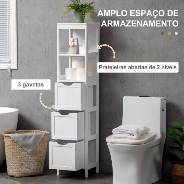 Armário Casa de Banho Estreito com 3 Gavetas e 2 Prateleiras Abertas Estilo Moderno 30x30x141,6 cm Branco
