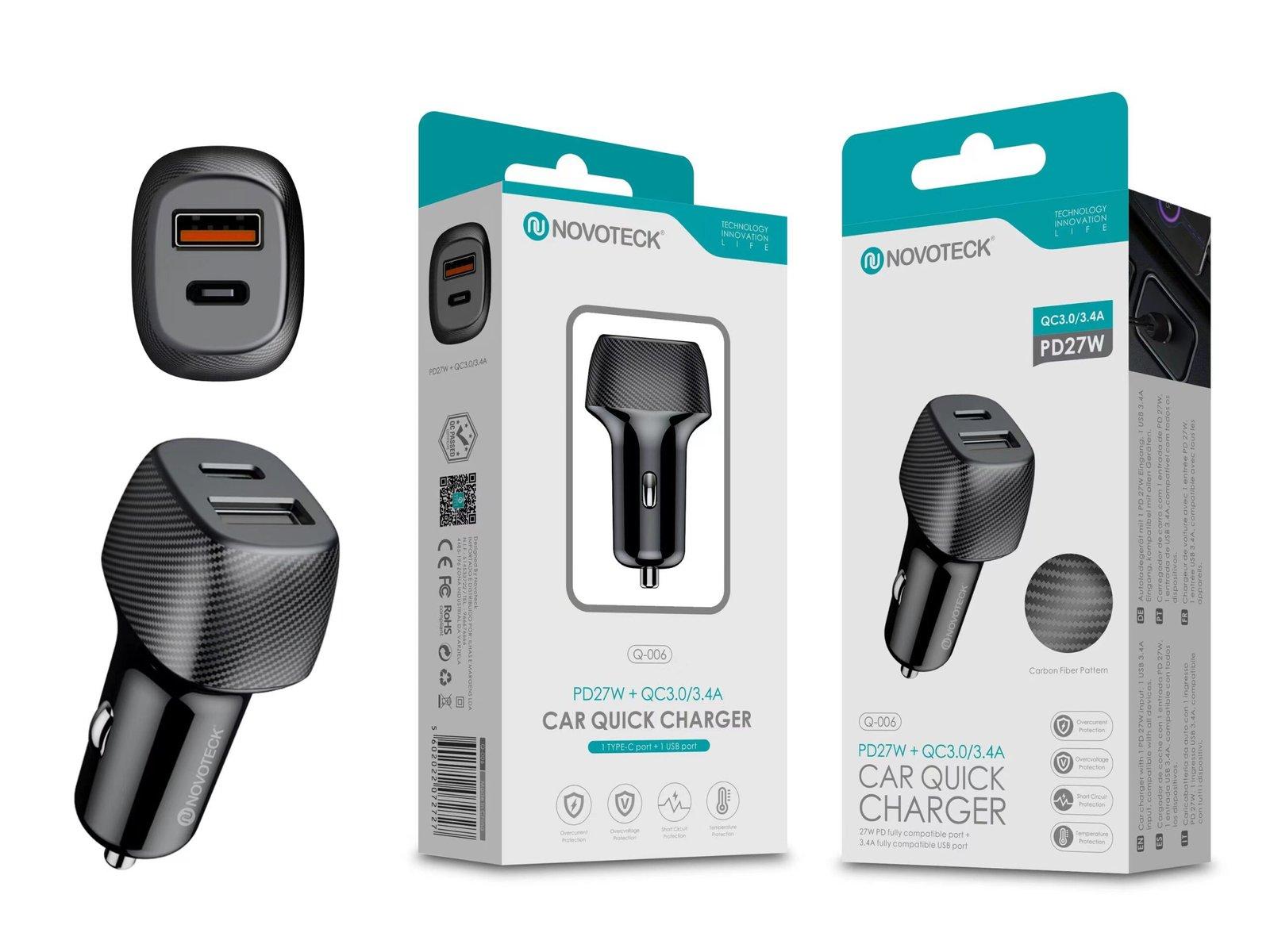 Carregador de Carro Rápido Novoteck Q-006 com PD 27W e USB 3.4A QC3.0