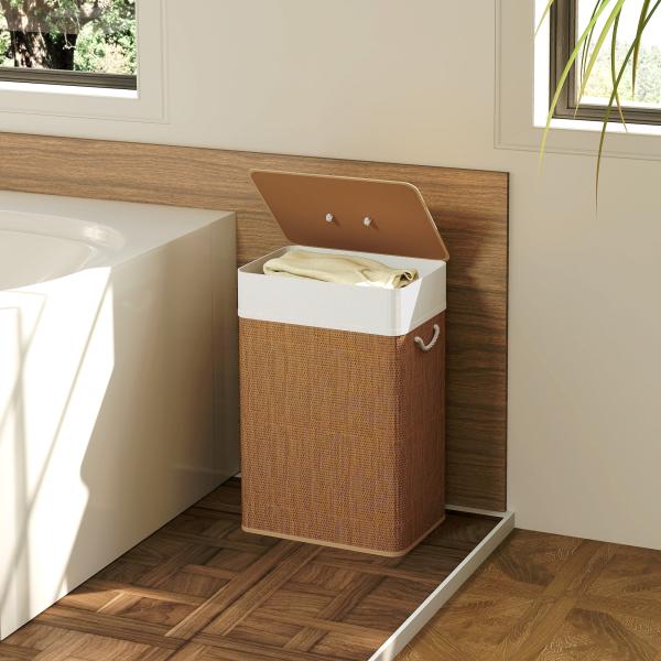Cesto de Roupa com Tampa 72L Cesto de Roupa de Bambu com Bolsa Interior Removível e Alças 40x30x60 cm Madeira e Creme