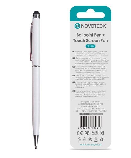 Caneta 2 em 1 Novoteck NP-07 – Esferográfica e Touch Screen, Compatível com Dispositivos Capacitivos, Disponível em Múltiplas Cores - Branco