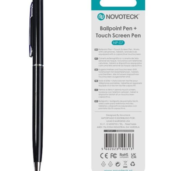 Caneta 2 em 1 Novoteck NP-07 – Esferográfica e Touch Screen, Compatível com Dispositivos Capacitivos, Disponível em Múltiplas Cores - Negro