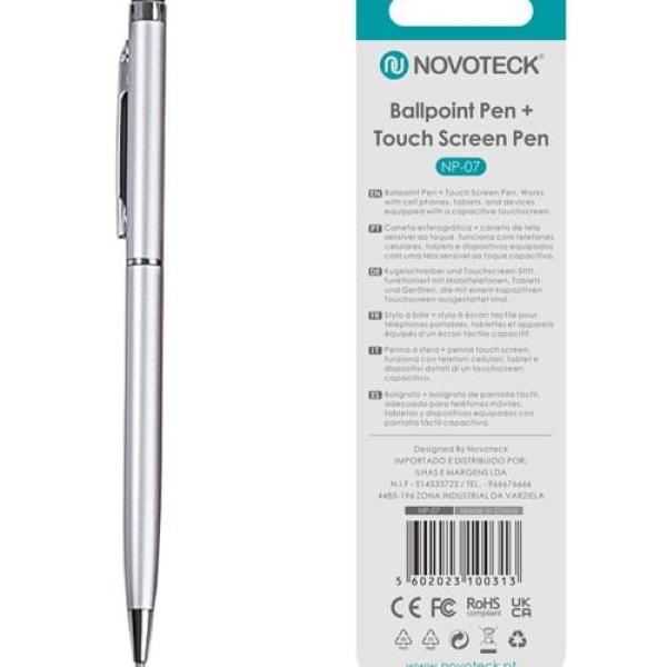 Caneta 2 em 1 Novoteck NP-07 – Esferográfica e Touch Screen, Compatível com Dispositivos Capacitivos, Disponível em Múltiplas Cores - Prateado