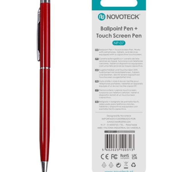 Caneta 2 em 1 Novoteck NP-07 – Esferográfica e Touch Screen, Compatível com Dispositivos Capacitivos, Disponível em Múltiplas Cores - Vermelho