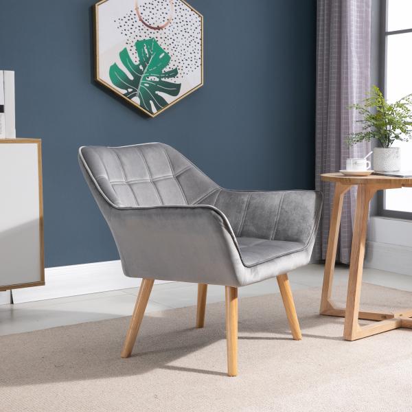 Poltrona de Sala Moderna Estofada em Veludo com Pés de Madeira, Poltrona Relax para Sala de Estar, Cinzento