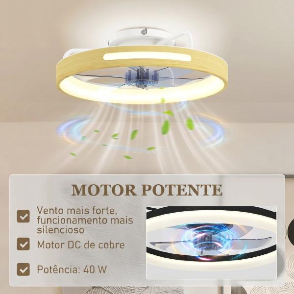 Ventilador de Teto com Luz LED 40 W Motor DC Reversível Comando 6 Velocidades 3 Cores Temporizador Madeira