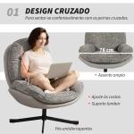 Poltrona Giratória Moderna com Base Cruzada Estofada em Chenille e Couro PU Assento Largo Duplo Pernas de Aço 78x95x99 cm Cinza