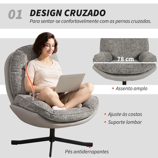 Poltrona Giratória Moderna com Base Cruzada Estofada em Chenille e Couro PU Assento Largo Duplo Pernas de Aço 78x95x99 cm Cinza