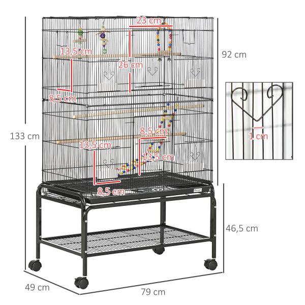 Gaiola para Pássaros com Rodas com 4 Comedouros 3 Poleiros Brinquedos Bandeja Amovível e Prateleira 79x49x133 cm Preto