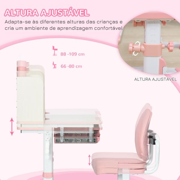 Conjunto de Secretária e Cadeira para Crianças com Altura Ajustável Gaveta Prateleiras e Bancada Inclinável 80x52x88 - 109 cm Rosa e Branco