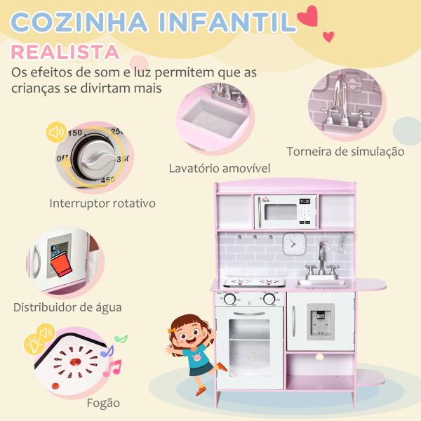 Cozinha Infantil para Crianças acima de 3 Anos Cozinha Infantil com Luzes Sons Lavatório Fogão e Forno 70x29x90cm Rosa