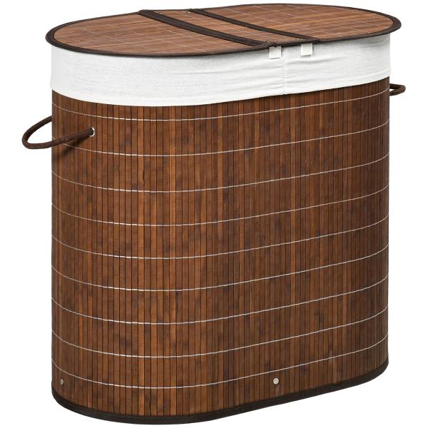 Cesto de Roupa de Bambu Capacidade de 100L Cesto para Roupa Suja com Bolsa de 2 Compartimentos 62,5x37x60,5cm Marrom