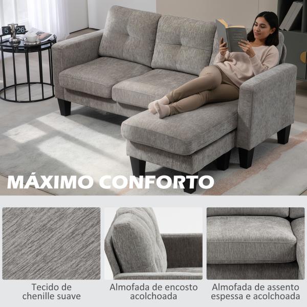 Sofá Chaise Longue Sofá em Forma de L Estofado em Poliéster Sofá de Canto Reversível 186x130x84 cm Marrom Acizentado