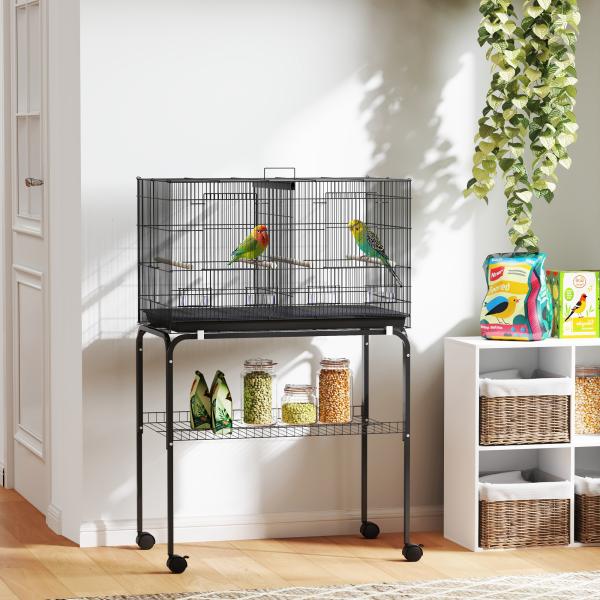 Gaiola para Pássaros com Divisória Rodas Gaiola para Aves com Comedouros Poleiros e Bandeja Removível 76x46x116 cm Preto