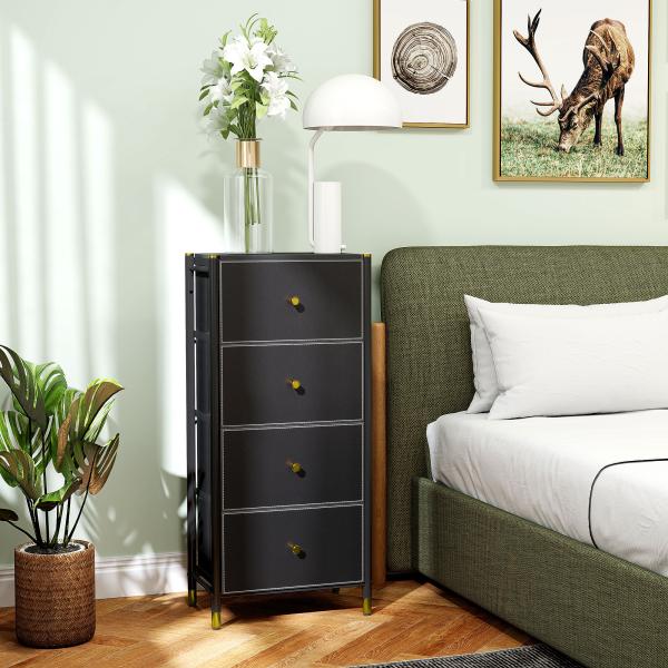 Cómoda para Dormitório Cómoda de Tecido com 4 Gavetas Dobráveis com Frentes de Couro PU 46x30x98 cm Preto