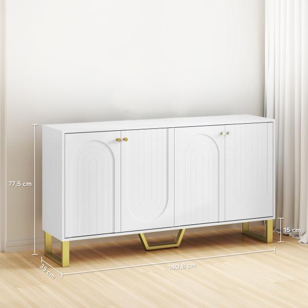 Aparador Moderno para Sala de Estar com Prateleiras Ajustáveis e Pés Dourados Móvel para TV até 65 Polegadas 140,8x35x77,5 cm Branco