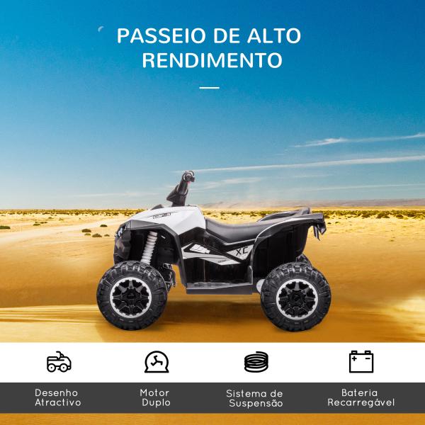 Quadriciclo Elétrico para Crianças de 3 - 5 Anos Veículo Eléctrico a Bateria 12V com 2 Motores 83x53x55,5cm Branco