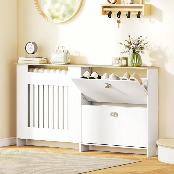 Cobertura Radiadores com Sapateira e 2 Gavetas Rebatíveis Desenho Moderno de Ripas 152x19x81 cm Branco