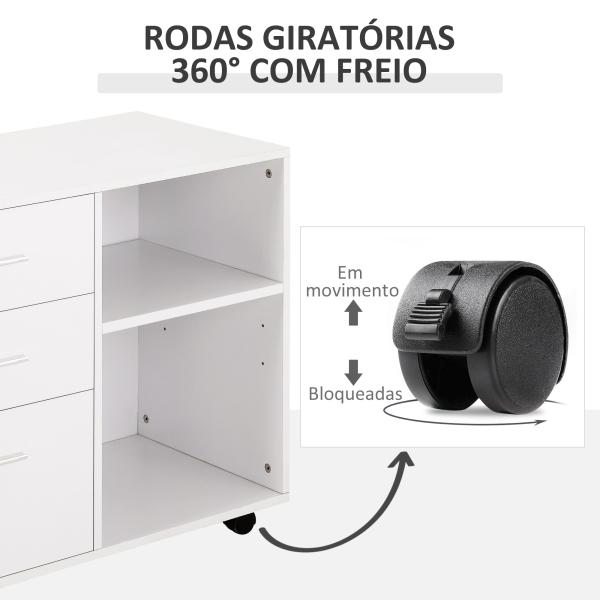 Armário de Escritório para Impressora Multifuncional com 3 Gavetas Prateleira Ajustável e Rodas 80x40x65cm Branco