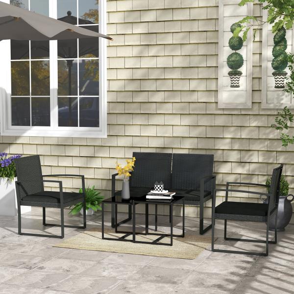 Conjunto Móveis de Jardim de Vime Sintético com 2 Poltronas Individuais 1 Sofá Duplo e 2 Mesas de Centro Preto