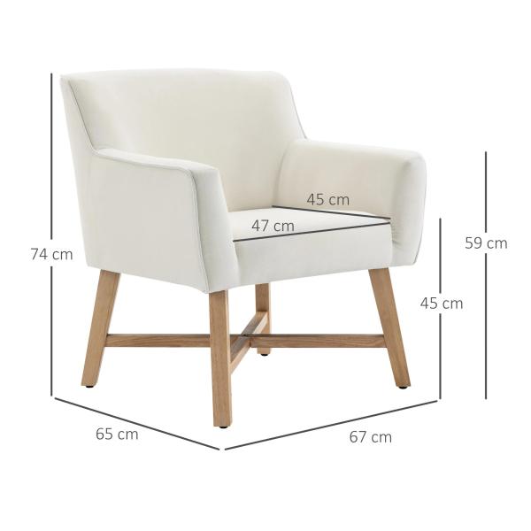 Poltrona de Sala de Estar Estofada em Veludo Poltrona Relax Moderna com Apoio para os Braços Acolchoados Pés de Madeira e Base Cruzada para Dormitório 67x65x74cm Branco Creme