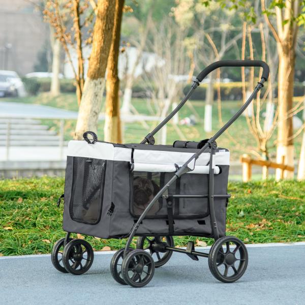 Carrinho para Animais de Estimação Carrinho para Cães Dobrável com Compartimento Desmontável 4 Portas 81x58x97,5 cm Cinza