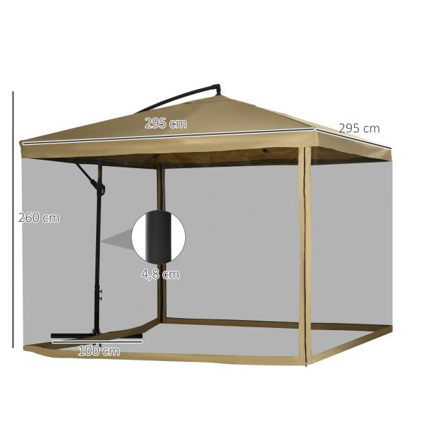 Chapéu de Sol de Jardim Chapéu de Sol Excêntrico com Rede Mosquiteira Manivela e Base Cruzada 295x295x260 cm Bege