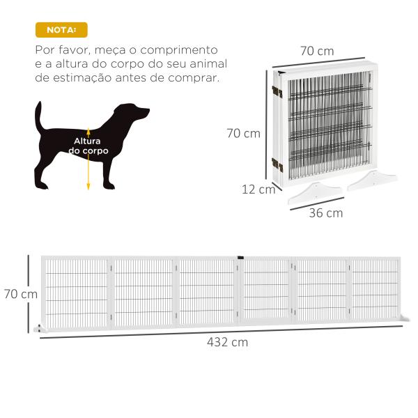 Barreira de Segurança para Cães de Madeira Dobrável para Cães Pequenos e Médios com 6 Painéis 432x36x70 cm Branco