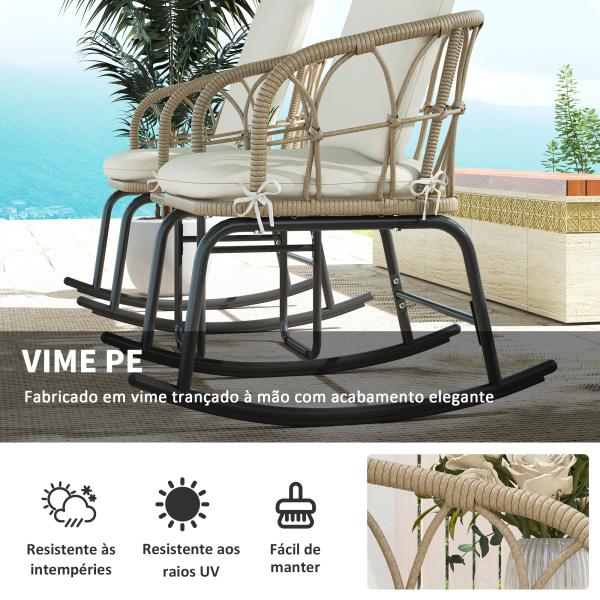 Conjunto de Móveis de Vime de 3 Peças Conjunto de 2 Cadeiras de Baloiço 1 Mesa de Centro e Almofadas Creme e Bege