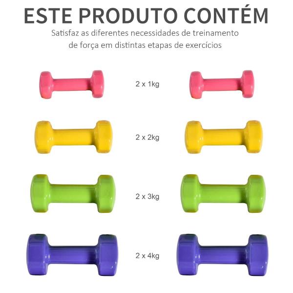 Jogo de 8 Halteres Hexagonais 4 Pares 4kg 3kg 2kg 1kg com Revestimento Pesos para Exercícios em Casa Academia Aço Multicolor