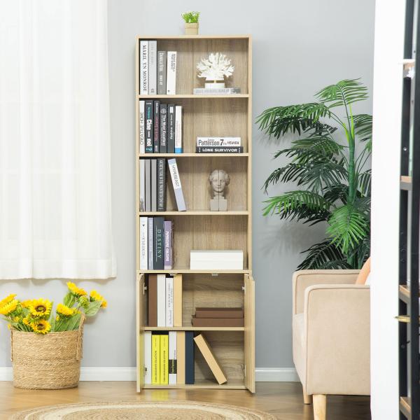 Estante para Livros com 4 Compartimentos Abertos e 1 Armário com 2 Prateleiras Armazenamento Livros Plantas para Sala de Estar Escritório 59x29x180cm Natural