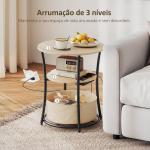 Mesa Auxiliar Redonda de 3 Níveis com Estação de Carregamento Mesa Auxiliar Industrial com 2 Prateleiras Abertas Ø50x55,1 cm Madeira e Preto