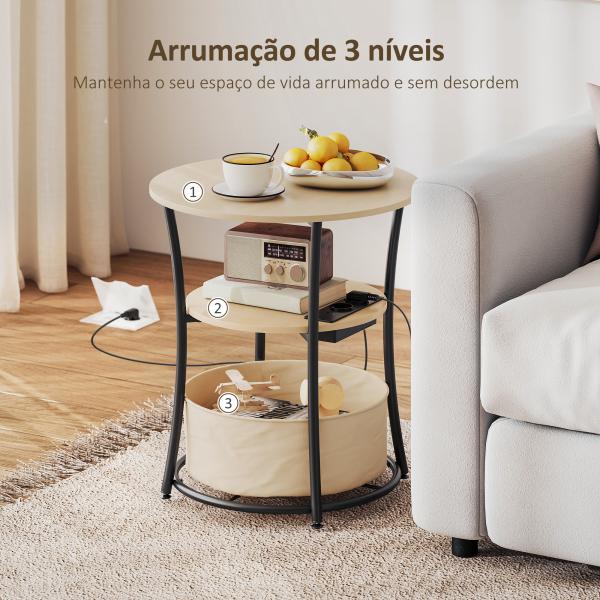 Mesa Auxiliar Redonda de 3 Níveis com Estação de Carregamento Mesa Auxiliar Industrial com 2 Prateleiras Abertas Ø50x55,1 cm Madeira e Preto
