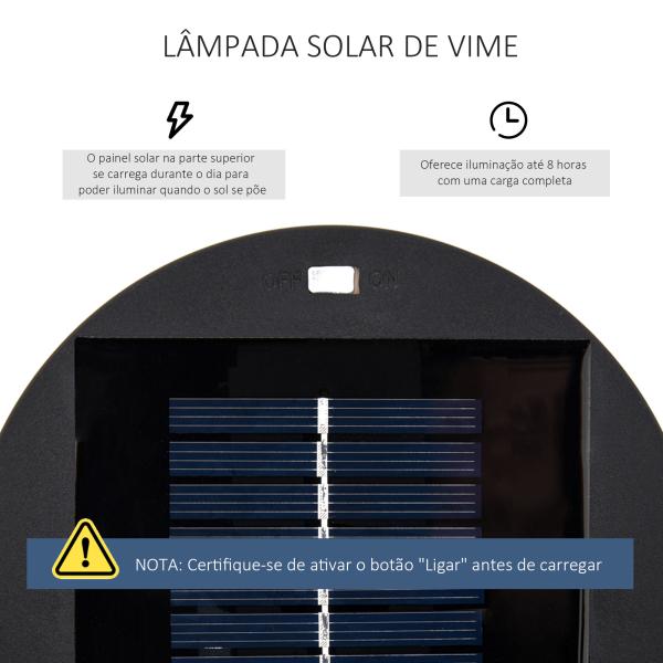 Candeeiro Solar de Vime de Energia Solar com LED 1,5 W Interruptor de Controle Automático de Luz Ø21,5x61cm Preto