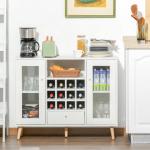 Aparador de Cozinha Armário de Armazenamento com 12 suportes para Garrafas e 3 Estantes Portas de vidro 100x33x80cm Branco