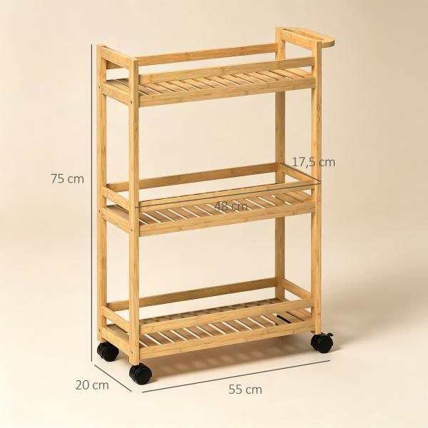 Carrinho de Cozinha Estreito de 3 Níveis com Rodas e Pega para Sala, Casa de Banho, Espaços Pequenos 55x20x75 cm Natural