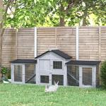 Coelheira de Exterior Grande Gaiola de Madeira para 2 - 4 Coelhos com Teto Asfáltico Recinto de Arame Bandeja Removível e Rampas 210x45,5x84,5cm Cinza e Preto