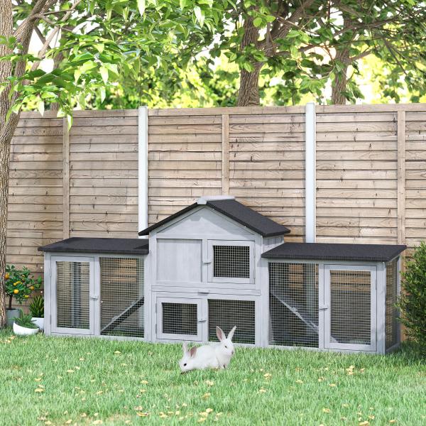 Coelheira de Exterior Grande Gaiola de Madeira para 2 - 4 Coelhos com Teto Asfáltico Recinto de Arame Bandeja Removível e Rampas 210x45,5x84,5cm Cinza e Preto